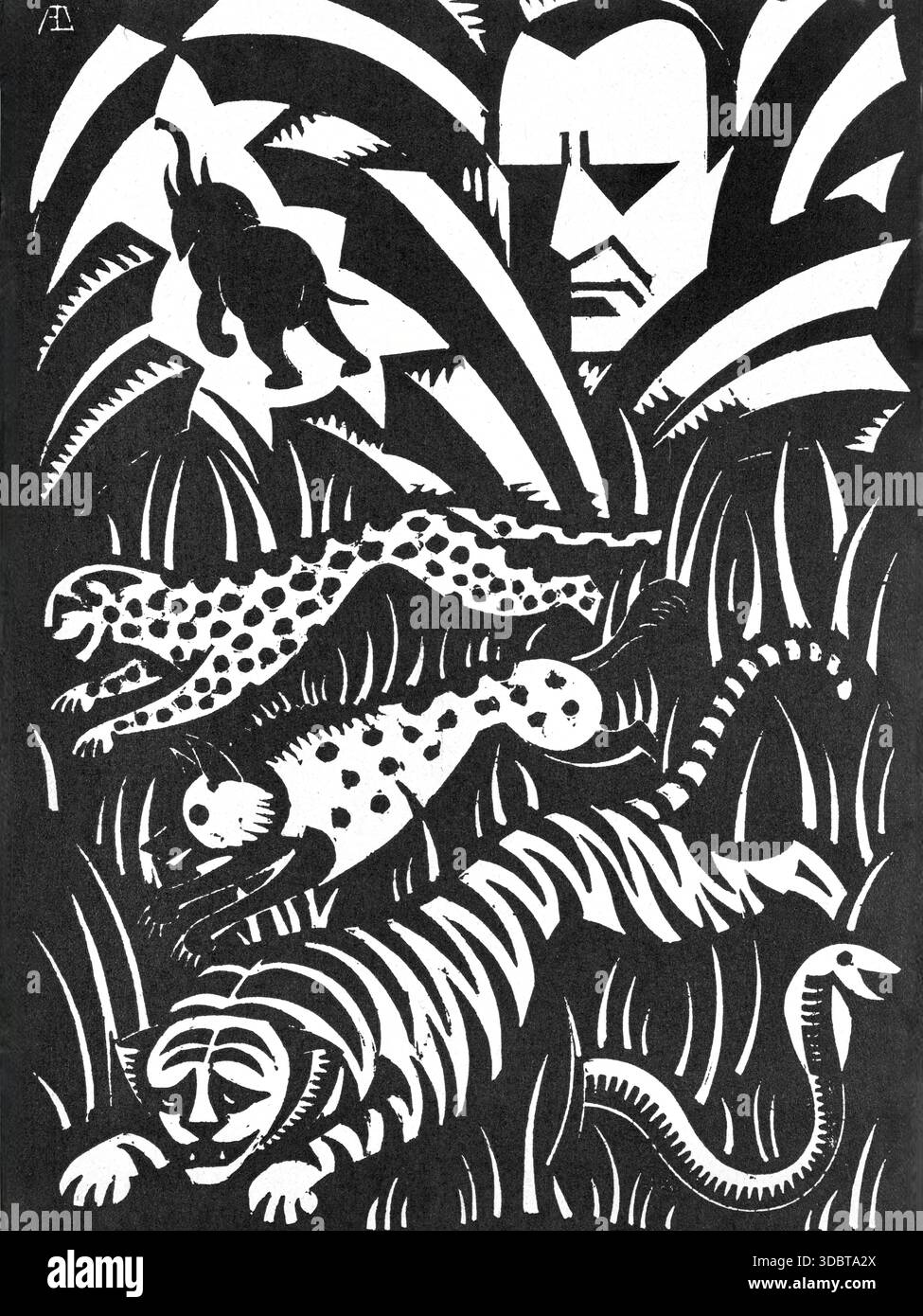 Albert Daenens (1883–1952) – der Diktator – 1926 – Ein grafisches Kunstwerk, das das Gespür eines Mannes zeigt, das über wilden Tieren in einer Dschungel-Umgebung thront. Stockfoto