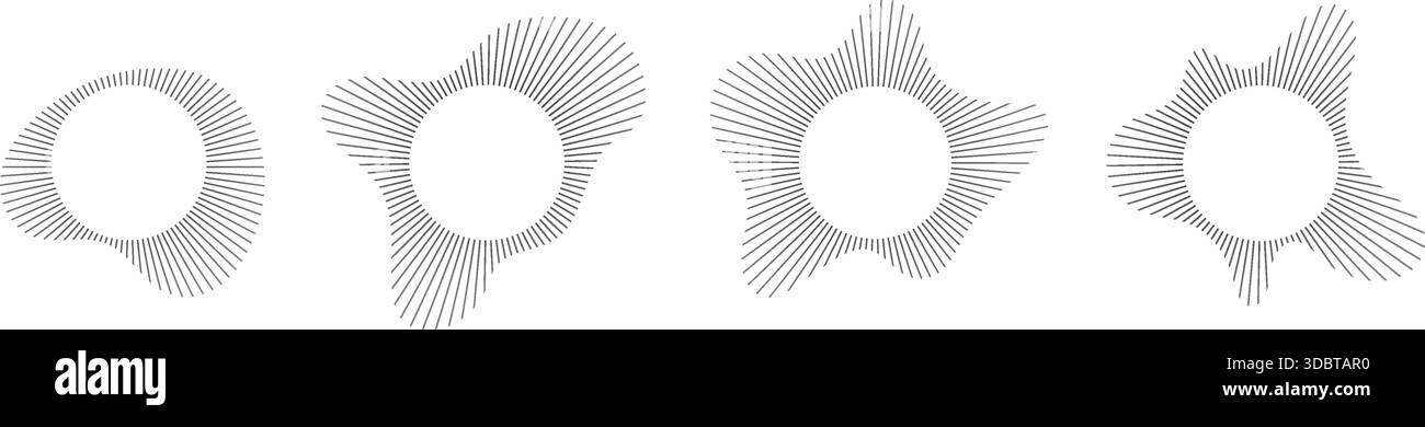 Kreisförmige Klangvisualisierung mit Radialwellenlinienmuster-Vektorsatz. Abstrakte geometrische Burst-Form des Audio-Spektrums. Stock Vektor