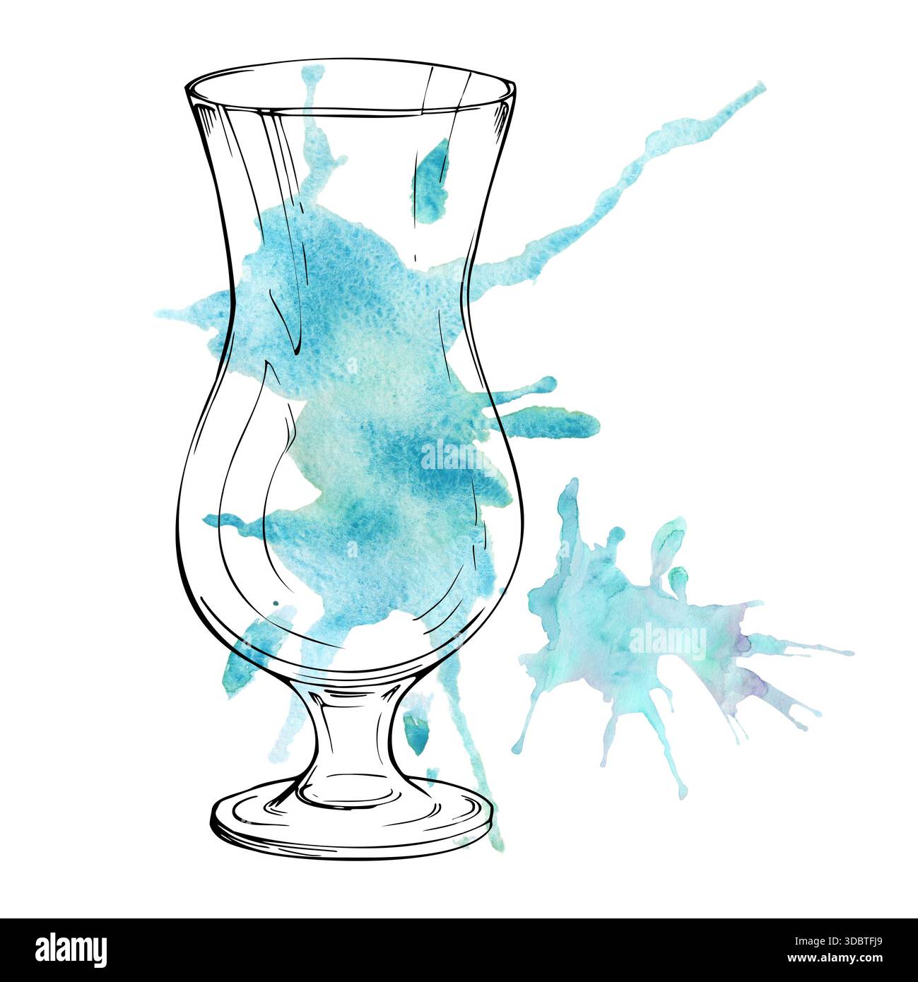 Elektrische Limonade oder Blaue Lagune, Hawaii tropische Cocktail Illustration in Hurrikanglas, türkisfarbene Aquarellspritzer mit dynamischem Fluss und Tinte Stockfoto