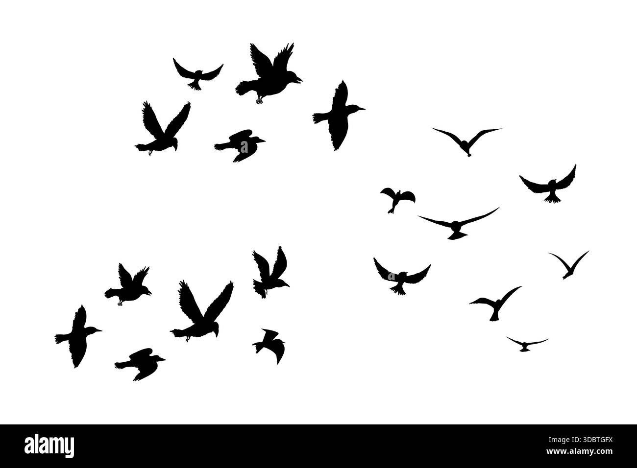 Fliegende Vogelschwärme Silhouette, einfache Schwalben im Flug, Krähen am Himmel. Gruppe von Vögeln Grenze. Vektorabbildung Stock Vektor