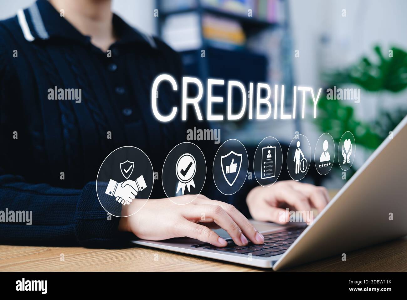 Glaubwürdigkeit und Vertrauen in Unternehmen. Symbole für Vertrauen, Glaubwürdigkeit, Zertifizierung, Verifizierung, Engagement, authentisch, zuverlässig, Respekt, Qualitätssicherung Stockfoto