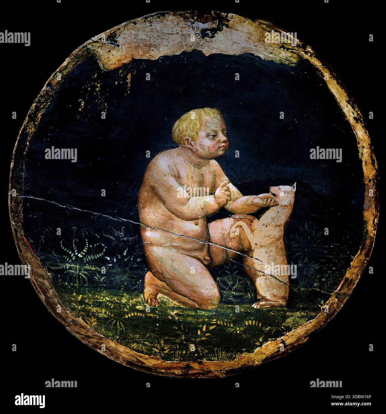 Eine Delegation aus der Stadt Florenz besucht eine Frau im Wochenbett (Teil des Polyptichons des dreistöckigen Altaraufsatzes von Santa Maria del Carmine in Pisa) 1420 Masaccio1401 - 1428 Rom Maler Italien Italienisch 14. Jahrhundert ( Rückansicht) Junge mit Hund ( Santa Maria del Carmine ist eine römisch-katholische Kirche in Pisa, Italien bekannt für ihren Altaraufsatz). Santa Maria del Carmine ist eine historische römisch-katholische Kirche in Pisa, die für ihre Architektur und Kunstgeschichte bekannt ist, insbesondere für ihre Verbindung mit Masaccios berühmtem Altar. Es liegt an der kleinen Piazza del Carmine, entlang der Hauptdurchfahrt Stockfoto