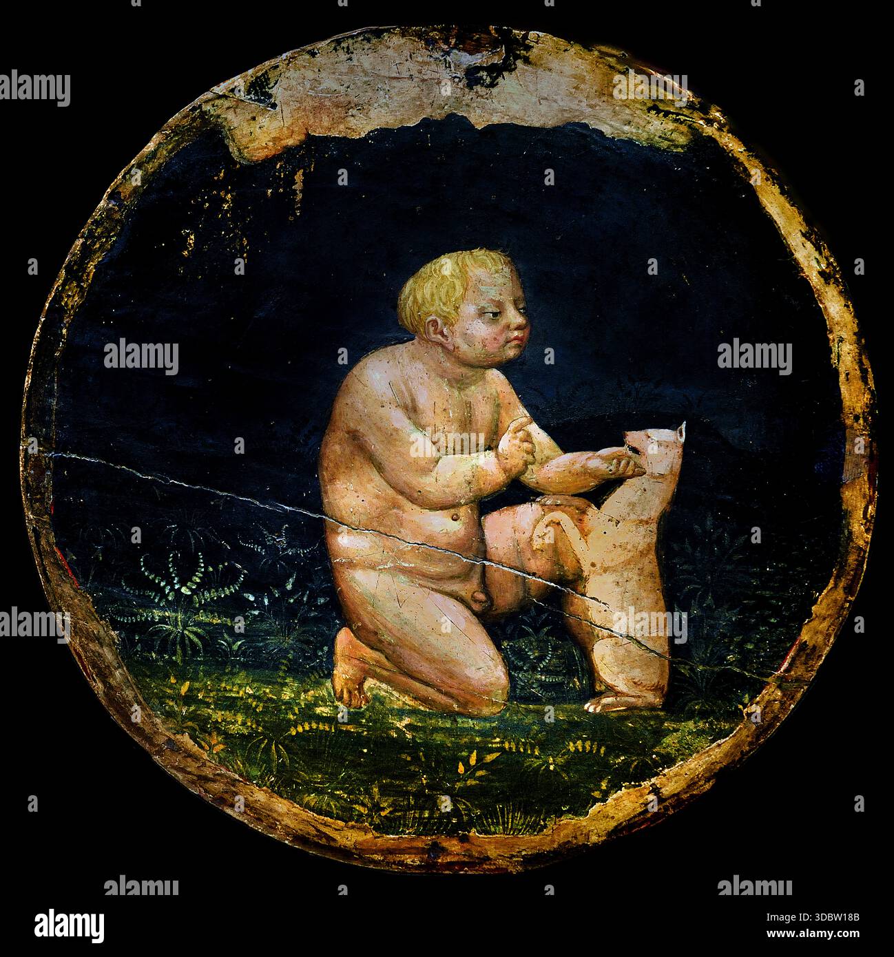 Eine Delegation aus der Stadt Florenz besucht eine Frau im Wochenbett (Teil des Polyptichons des dreistöckigen Altaraufsatzes von Santa Maria del Carmine in Pisa) 1420 Masaccio1401 - 1428 Rom Maler Italien Italienisch 14. Jahrhundert ( Rückansicht) Junge mit Hund ( Santa Maria del Carmine ist eine römisch-katholische Kirche in Pisa, Italien bekannt für ihren Altaraufsatz). Santa Maria del Carmine ist eine historische römisch-katholische Kirche in Pisa, die für ihre Architektur und Kunstgeschichte bekannt ist, insbesondere für ihre Verbindung mit Masaccios berühmtem Altar. Es liegt an der kleinen Piazza del Carmine, entlang der Hauptdurchfahrt Stockfoto