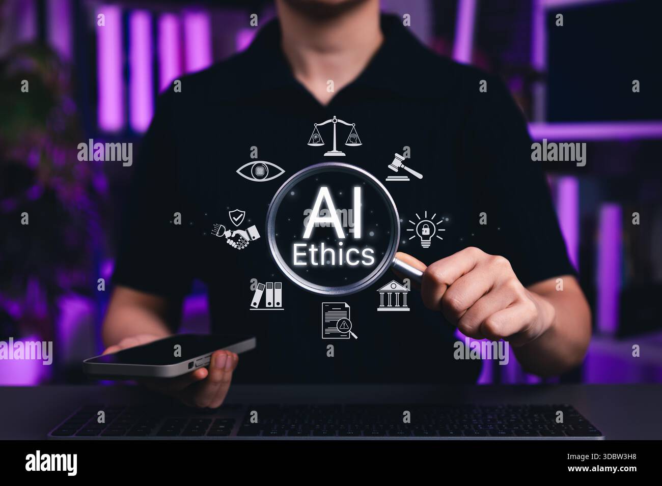 KI-Ethik und verantwortungsbewusstes Konzept der Künstlichen Intelligenz. KI-Ethik mit ethischen Symbolen, Recht, Transparenz, Verantwortung, Vorschriften, Stockfoto