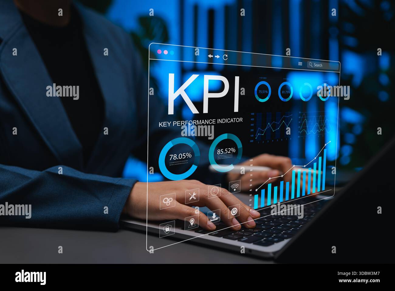 KPI Dashboard Analytics Konzept, Geschäftsfrau analysiert Kennzahlen mit Datendiagrammen und Kennzahlen, die Leistungsnachverfolgung darstellen, Stockfoto