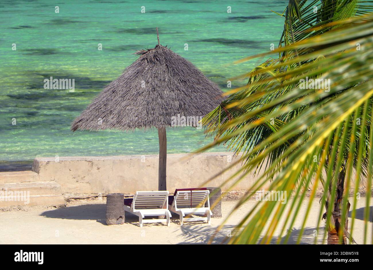 Tansania - Sansibar - das schöne Strandumbrellay und zwei Lounges zwischen Palmen am Indischen Ozean Stockfoto