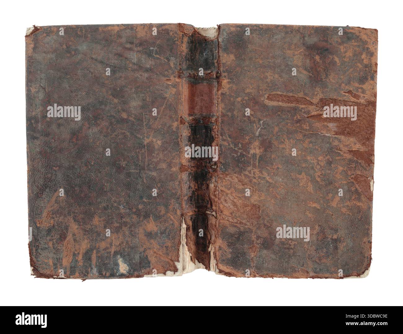 Vollständig entfalteter antiker Bucheinband mit alter Lederstruktur und Vintage-Look, isoliert auf transparentem Hintergrund. Perfekt für historische und pädagogische Zwecke Stockfoto