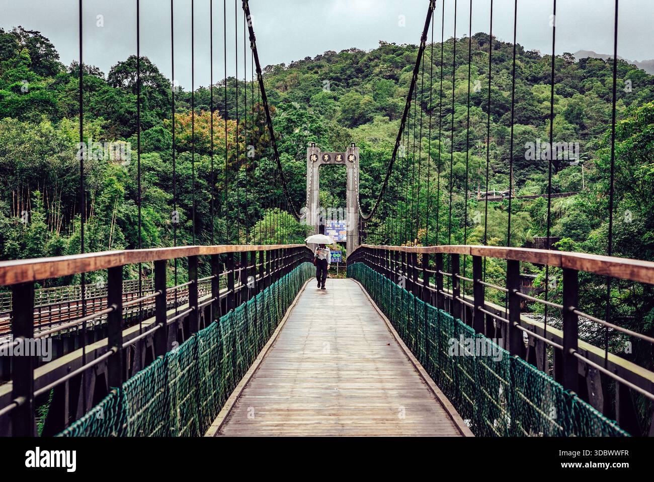 Blick auf eine einsame Figur mit einem Regenschirm, die eine verwitterte Hängebrücke überquert, inmitten üppiger grüner Blätter unter einem bewölkten Himmel, Taipei City, Taiwan. Stockfoto