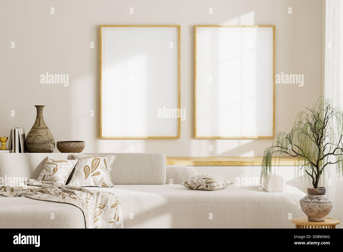 Minimales Modell mit Keramikvase, Holztisch und Bonsaipflanze bei weichem Tageslicht, ideal für Branding und visuelle Darstellung. 3D-Illustration Stockfoto