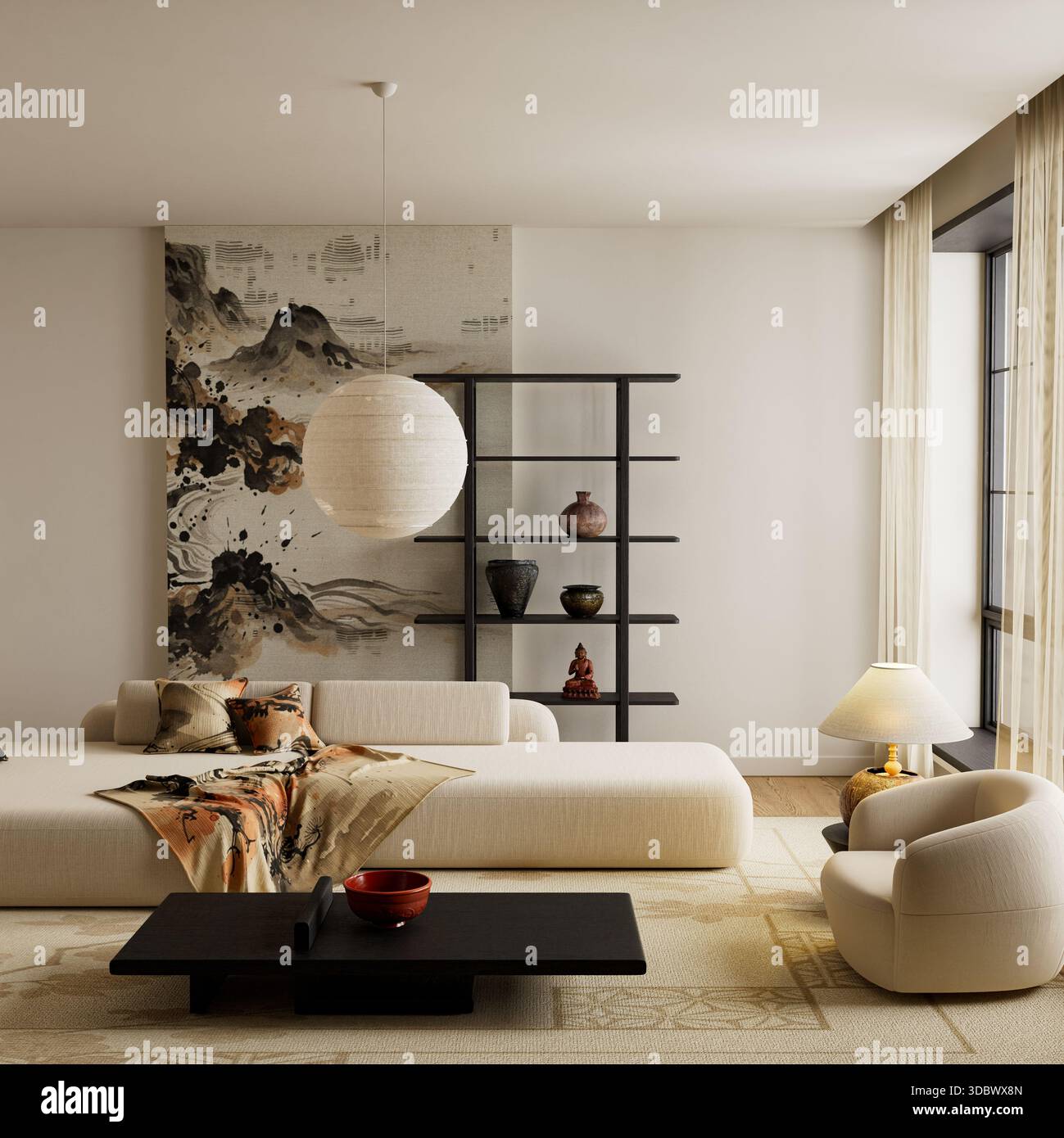 Das auffallende japanische Interieur vereint natürliche Strukturen mit starken Kontrasten und skulpturalen Möbeln. Minimale Formen, grafische Akzente und ausgewogene Lichtcrea Stockfoto