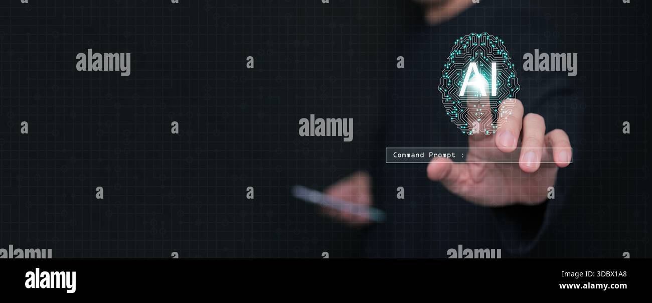 Ein Mann, der ein glühendes KI-Schaltkreis-Gehirn berührt. Prompt Engineering, menschliche Künstliche Intelligenz Zusammenarbeit, Kommandoaufforderungen, generative Ai, Sprache m Stockfoto
