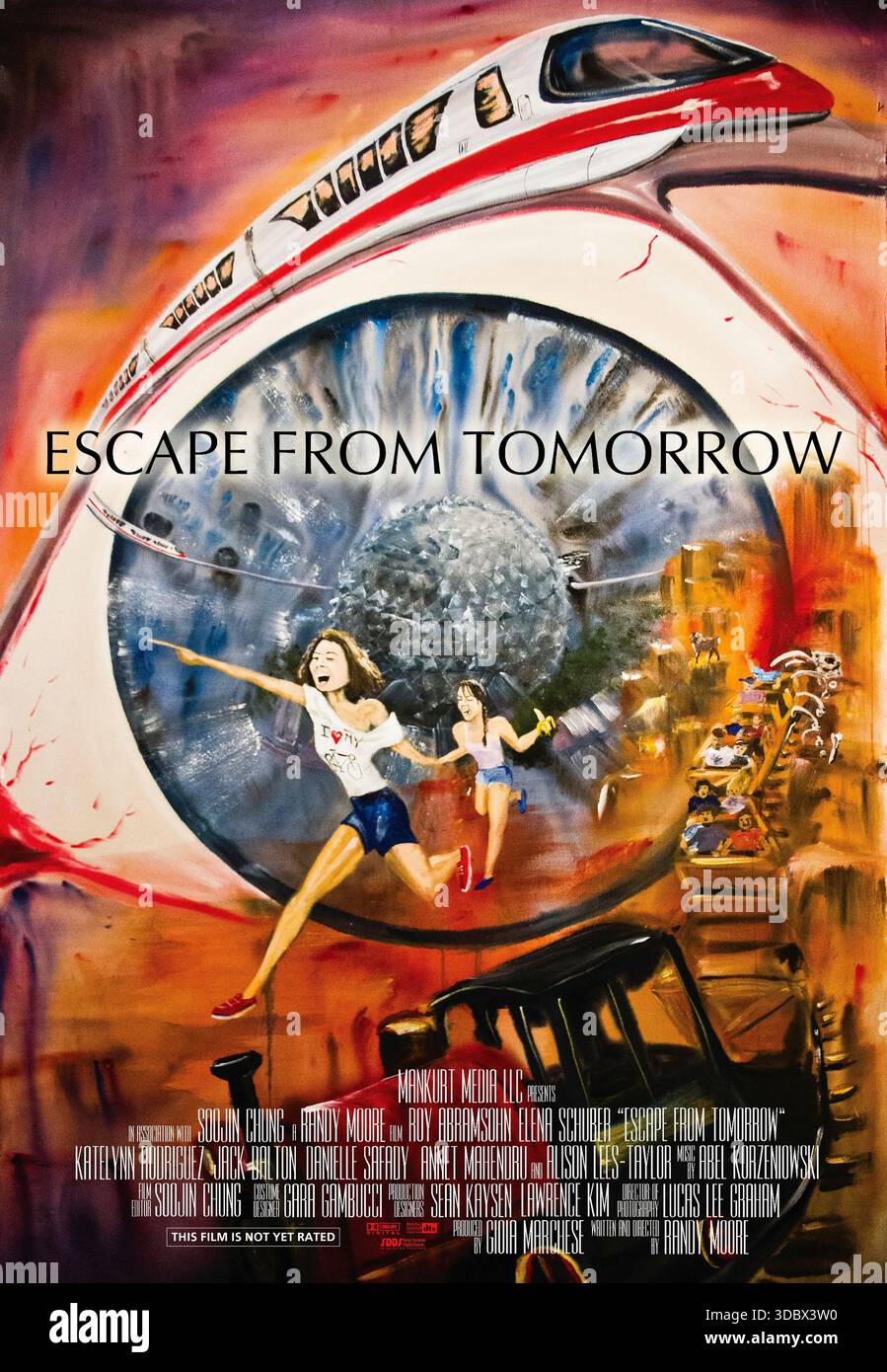 Escape from Tomorrow (2013) von Randy Moore mit Roy Abramsohn, Elena Schuber und Katelynn Rodriguez. Nachdem er seinen Job im Urlaub verloren hat, erlebt ein Vater verstörende Visionen und Paranoia, während er mit seiner Familie durch einen vertrauten Freizeitpark wandert. US-Poster NUR FÜR REDAKTIONELLE ZWECKE. Kredit: BFA / Producers Distribution Agency Stockfoto