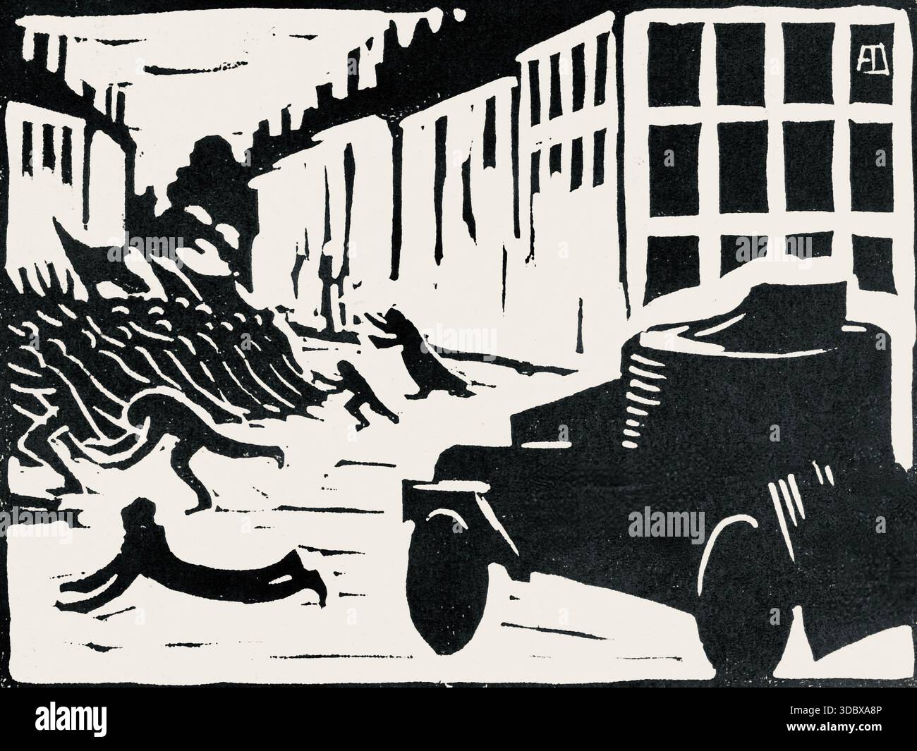 Albert Daenens (1883–1952) – The Auto – 1919 – das Kunstwerk ist Teil der Sammlung der Druckerei der Königlichen Bibliothek Belgiens (KBR). Es ist ein Schwarzweiß-Bild, das eine Menschenmenge auf einer Straße darstellt, wobei ein gepanzertes Fahrzeug im Vordergrund steht. Daenens war ein expressionistischer Künstler, der für seine kraftvollen grafischen Darstellungen des urbanen Lebens und sozialer Themen bekannt ist. Die starken Kontraste und die dynamische Komposition des Werkes sind charakteristisch für den Holzschnitt, der bei Künstlern wie Daenens und Frans Masereel beliebt ist. Stockfoto