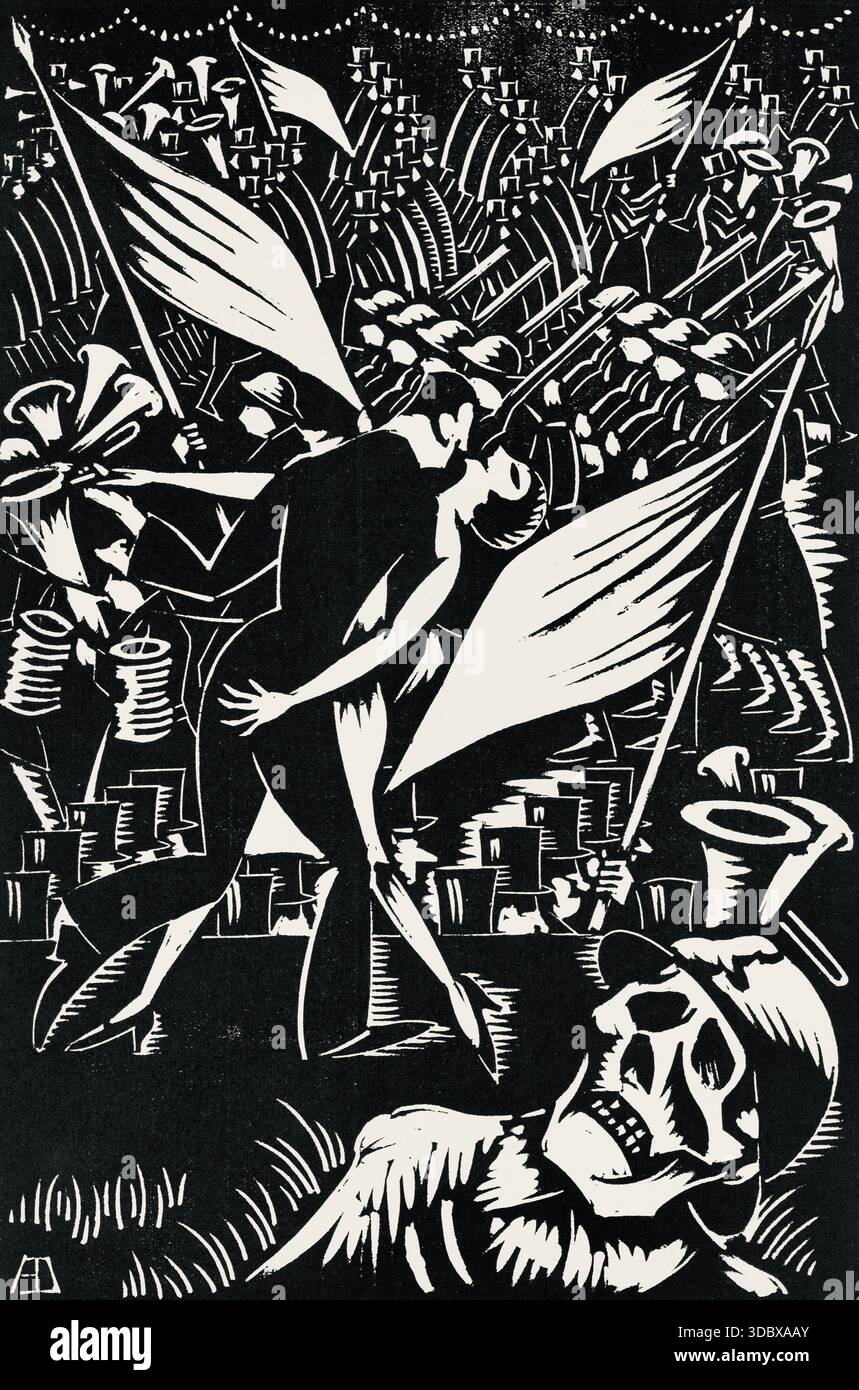 Albert Daenens (1883-1952) – zehn Jahre nach 1928 – wird Ein Paar in einer leidenschaftlichen Tanzumarmung, voller Bewegung und Leben gezeigt. In der unteren rechten Ecke wird ein im Gras liegender Schädel mit Militärmütze einen starken Kontrast bilden. Der Titel und die Bildsprache deuten auf einen Kommentar zur Zeit nach dem Ersten Weltkrieg (1914-1918) hin, der Nachkriegsfeiern oder das Leben mit der anhaltenden Präsenz und Erinnerung an Tod und Konflikt kontrastiert. Stockfoto