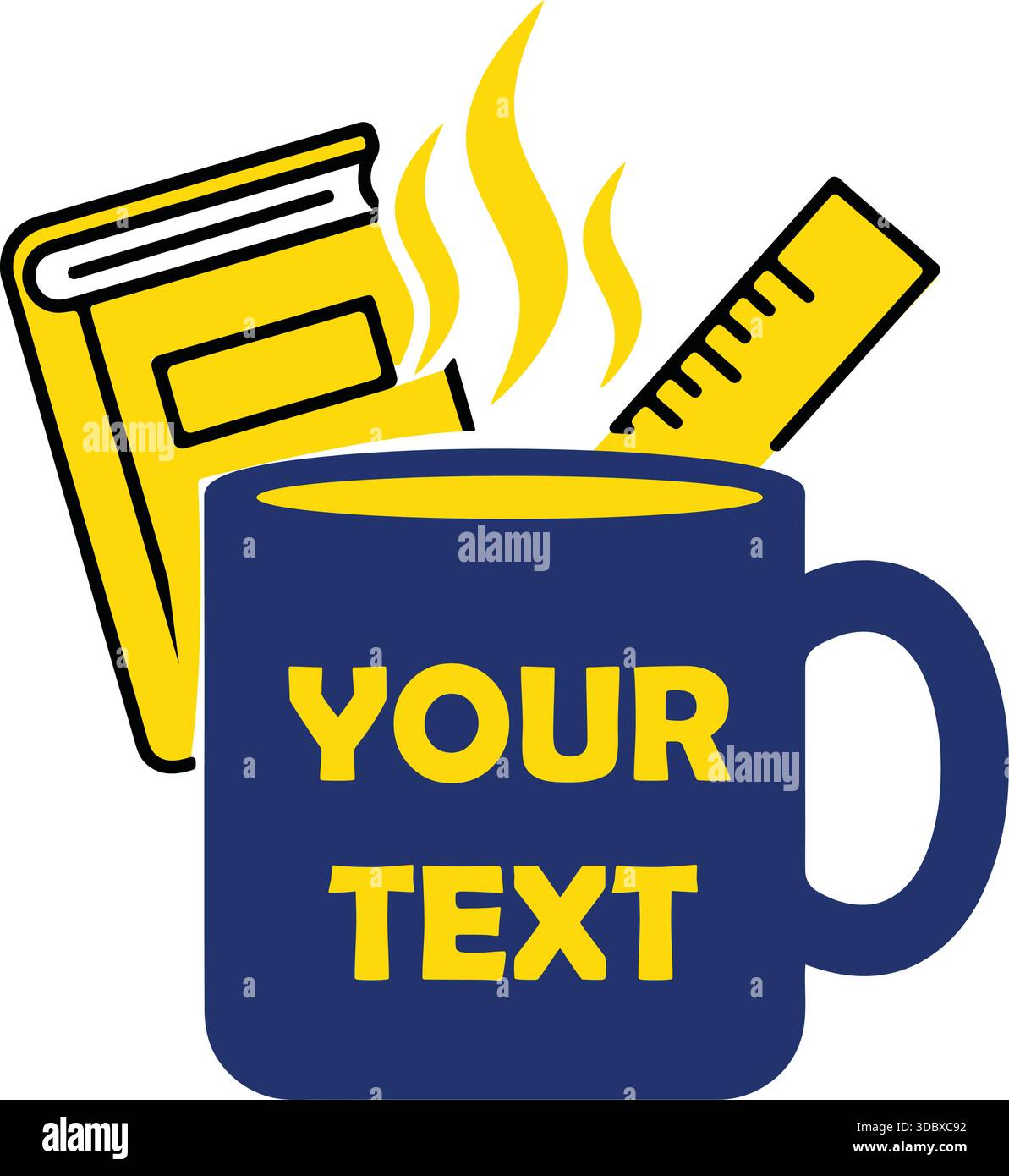 Ein blauer Becher mit gelbem Text und einem Lineal und Büchern dahinter. Stock Vektor