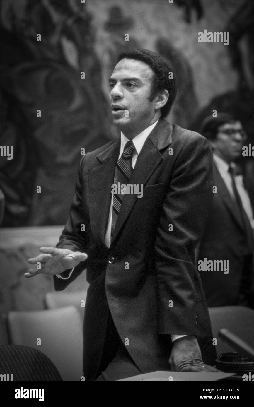 US-Botschafter bei der UNO Andrew J. Young auf dem Boden der Vereinten Nationen 1977. Foto von Bernard Gotfryd Stockfoto