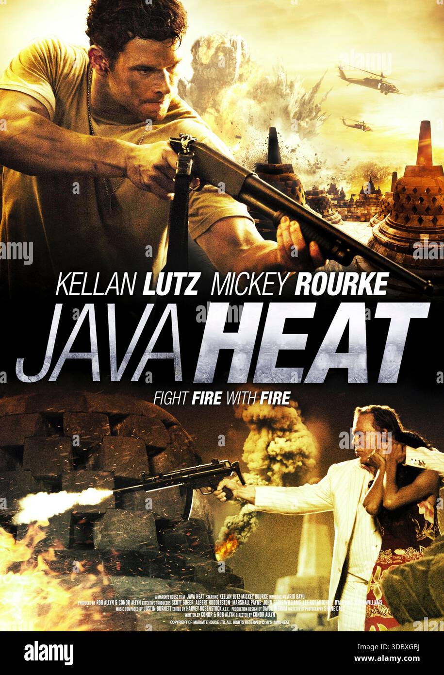 Java Heat (2013) unter der Regie von Conor Allyn mit Kellan Lutz, Ario Bayu und Mickey Rourke in den Hauptrollen. Ein Amerikaner in Indonesien arbeitet mit einem muslimischen Detektiv zusammen, um einen Terroristen hinter einem tödlichen Bombenanschlag und einer Entführung zu verfolgen. US-Poster NUR FÜR REDAKTIONELLE ZWECKE. Quelle: BFA/IFC Films Stockfoto