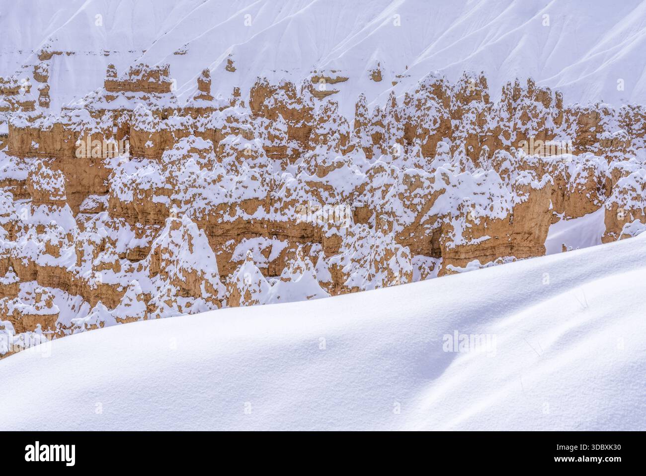 Die schneebedeckten Hoodoos aus der Vogelperspektive trotzen dem eisigen Grip des Winters, deren rote Felswände durch weiße Decken gemildert werden, Bryce Canyon, Uta Stockfoto
