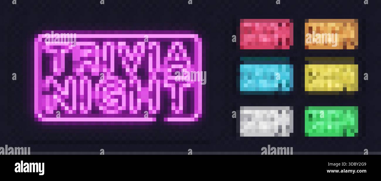 Ein mehrfarbiges Set aus Neon-Trivia-Nachtschildern leuchtet mit starkem Licht und sorgt für eine neugierige Stimmung. Glatte Formen und helle Töne verleihen dem Design eine Stock Vektor
