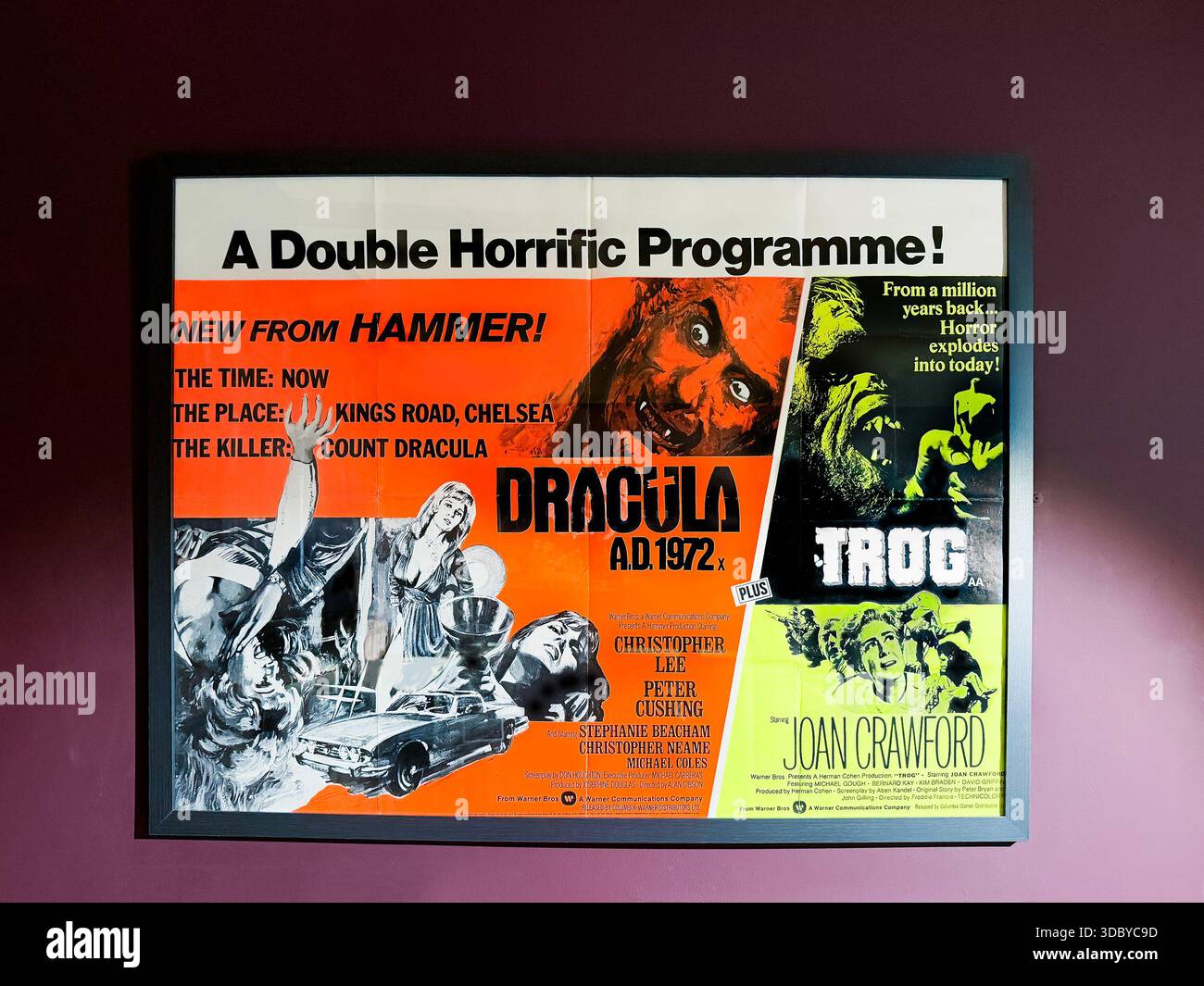 Gerahmtes Vintage-Poster, das einen doppelten Horrorfilm von Dracula A.D. 1972 und Trog mit Christopher Lee und Joan Crawford anpriesen - Smartphone-aufgenommenes Stockfoto