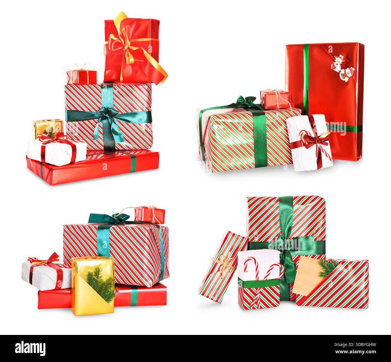 Satz von schönen Weihnachtsgeschenkboxen in bunten Papier mit Bändern und Schleifen isoliert auf weißem Hintergrund. Hochwertige Fotos Stockfoto