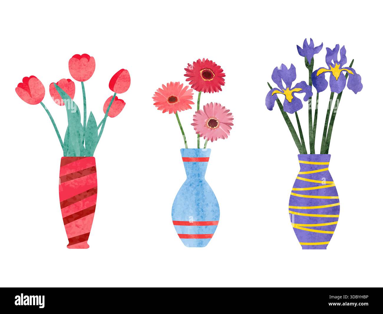 Blumen in Vase Vektorset. Farbenfrohe Aquarellvasen mit Tulpen, Gerberas und Iris Stock Vektor