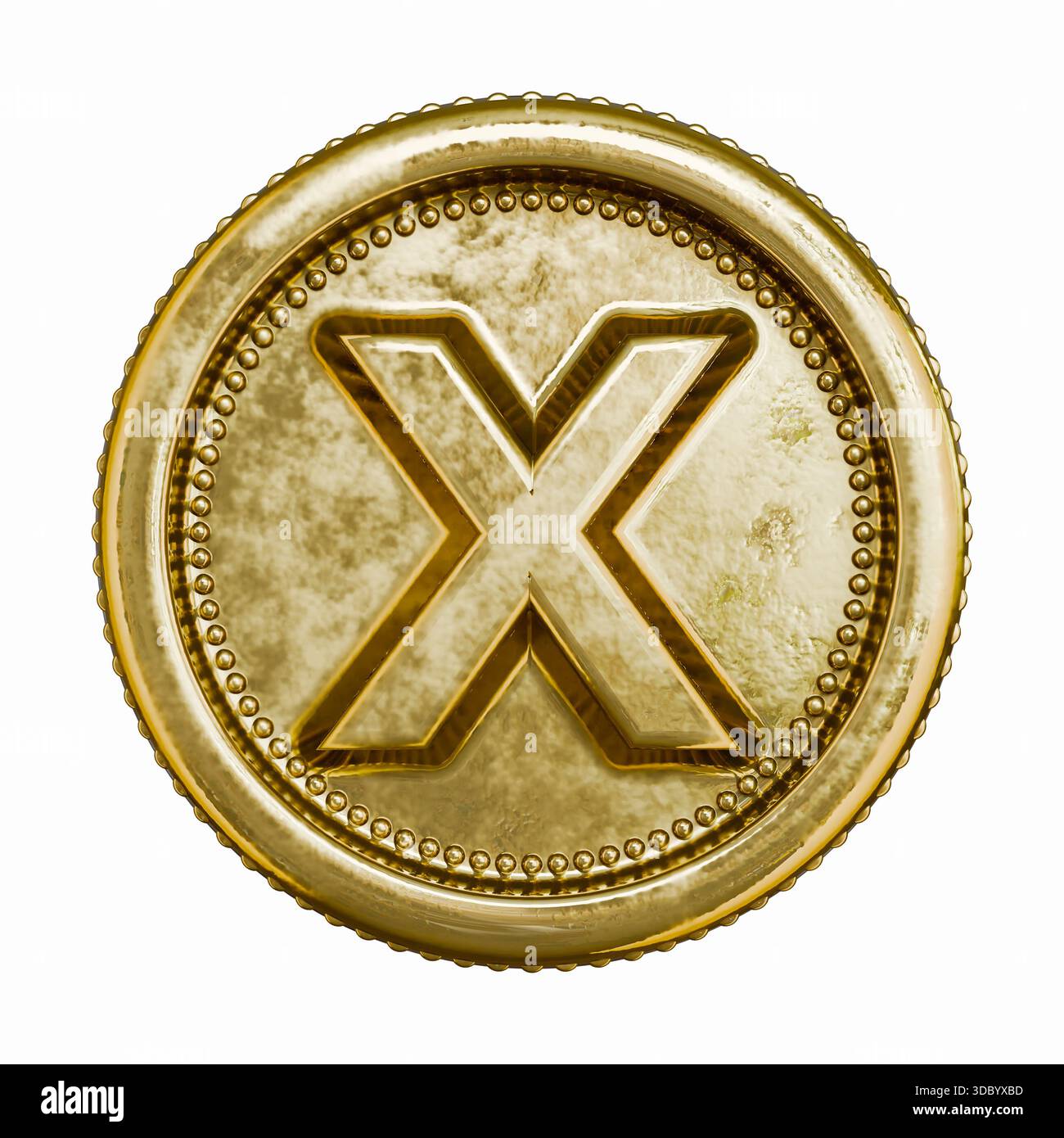 Goldenes Alter Münzbuchstabe X 3D-Rendering-Illustration isoliert auf weißem Hintergrund Stockfoto