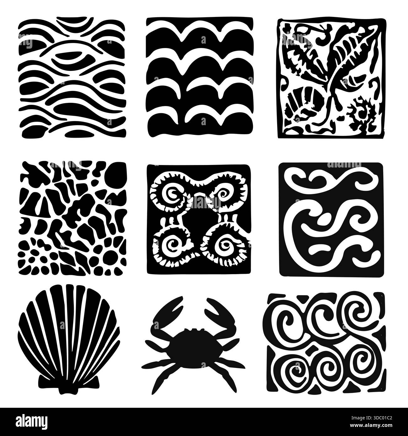 Silhouette Dekoratives Tropical Sea Nature Element Dekoratives Muster Set. Vektorabbildung Stock Vektor