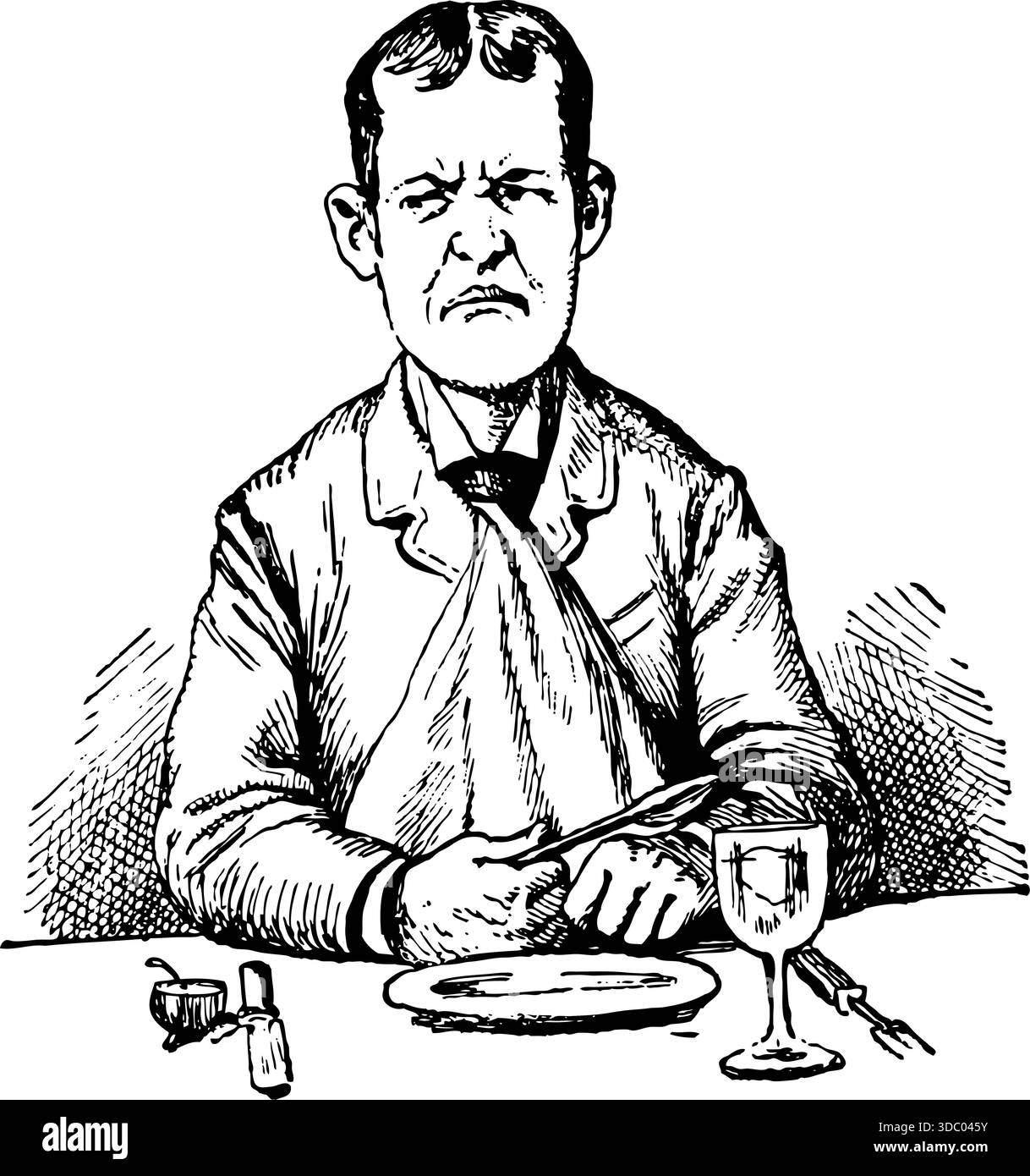 Runzelnder Mann mit saurem Blick, der einen Löffel hält, als würde er an sein Wasserglas klopfen. Stock Vektor