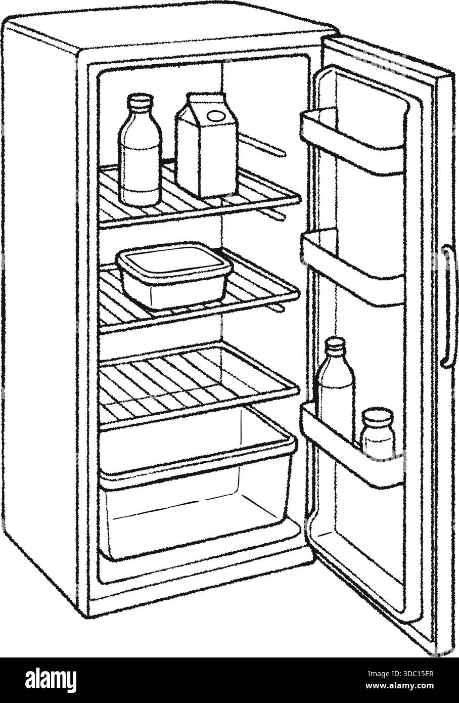 Linienzeichnung einer Kühlschranktür, die Regale und Flaschen im Inneren zeigt Stock Vektor