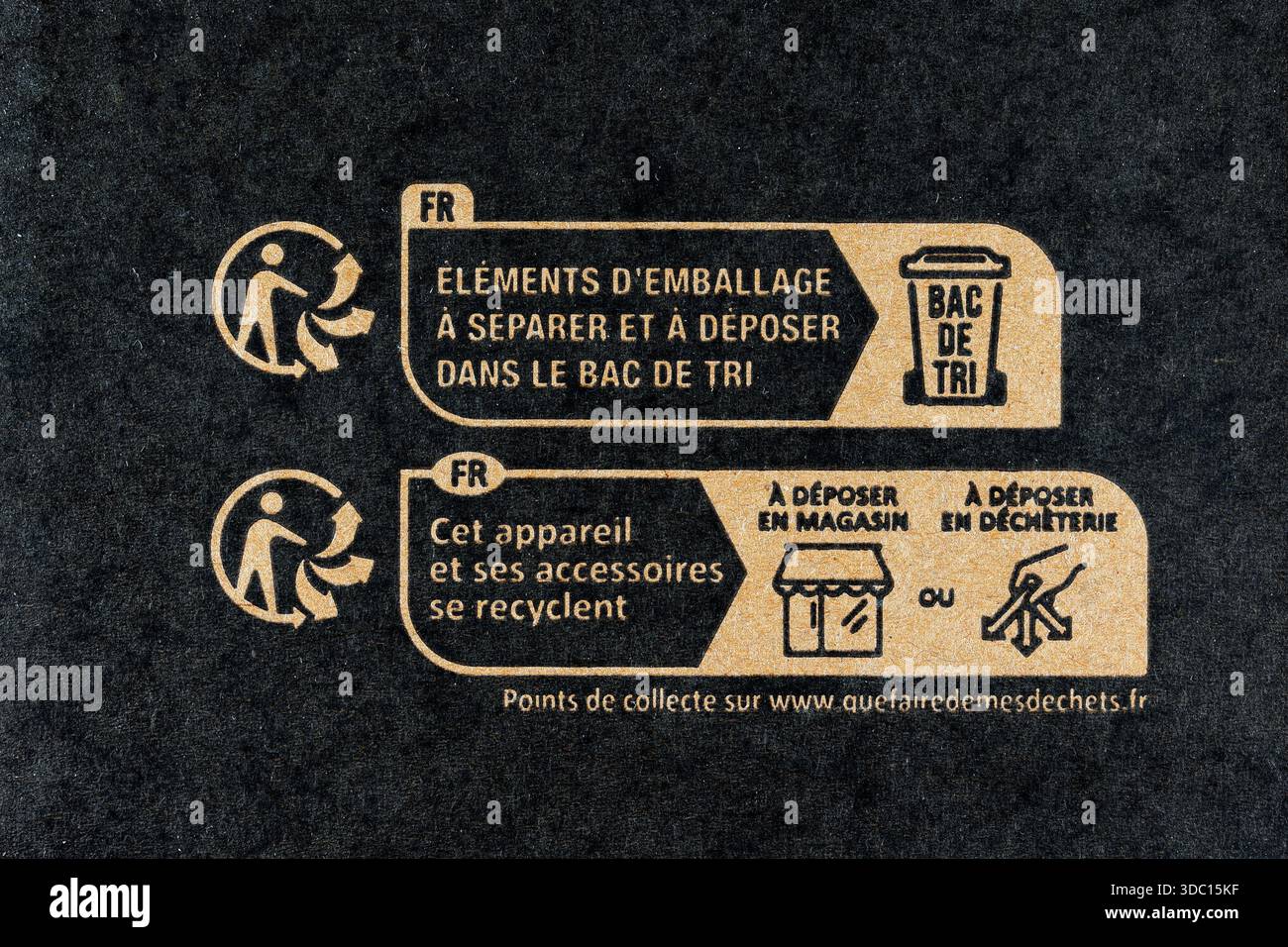 Französisches Recycling-Logo/Symbol „La Triman“ auf einem Karton mit Informationen darüber, wo Verpackungen und Materialien recycelt werden sollen. Stockfoto