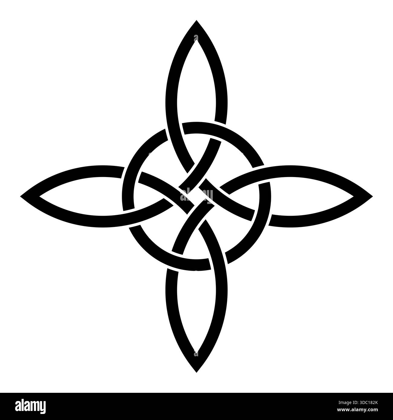 Keltischer Vierknoten, keltisches Kreuz mit verschachteltem Kreis. Verflochtener Vierfachknoten, ein endloses Muster mit vier verbundenen, verflochtenen Schleifen. Stockfoto