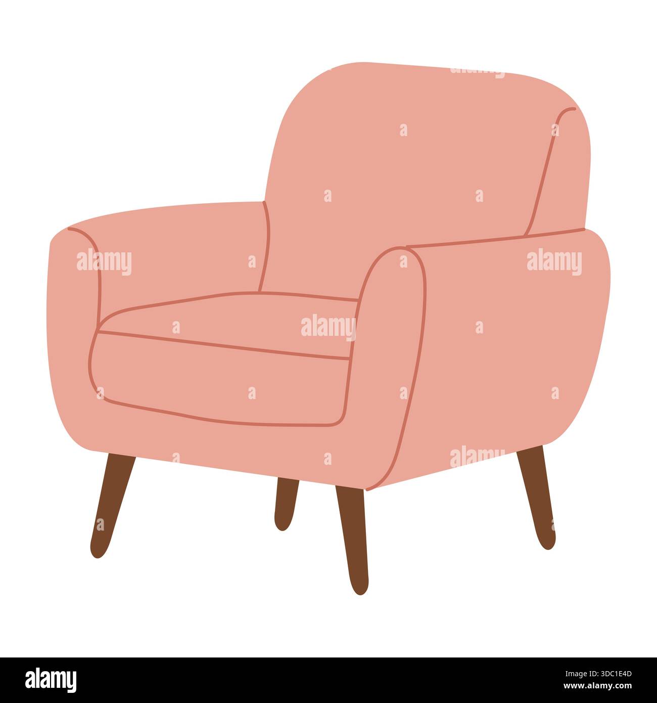 Ein weicher pinkfarbener Stuhl mit schlichten Linien sitzt im Wohnzimmer. Der Stuhl hat Holzbeine und bietet Platz zum Sitzen und Entspannen. Es passt gut zu Hause Stock Vektor