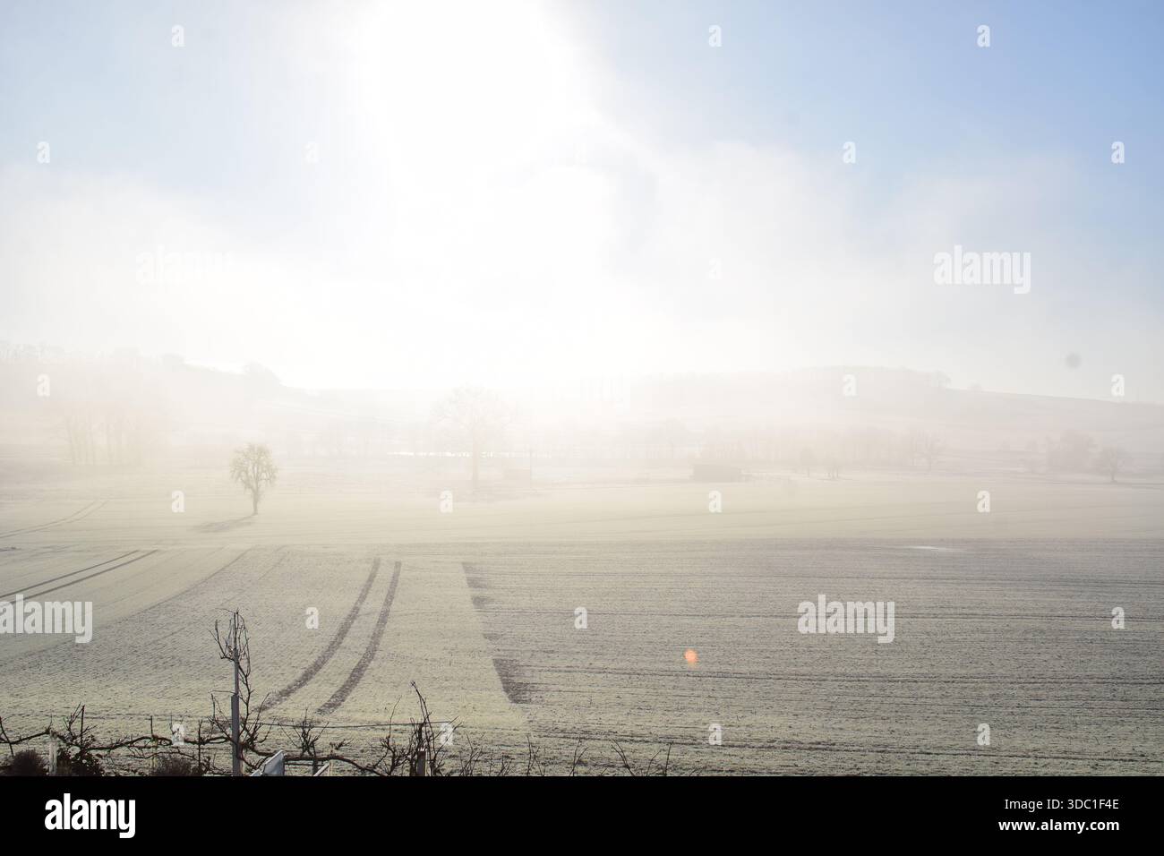Neuschnee auf den Feldern mit Nebel darüber Stockfoto