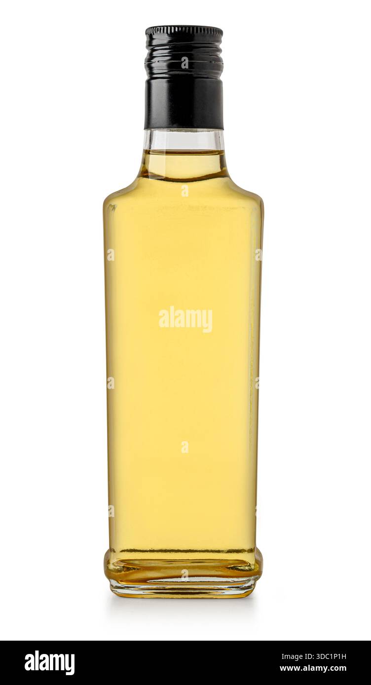 Glasflasche mit Apfelessig auf weißem Hintergrund Stockfoto