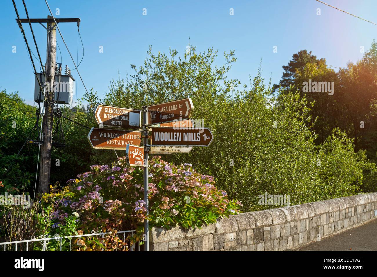 Richtungsschilder an der Kreuzung Laragh, umrahmt von leuchtenden Blumen und Grün unter hellem Sommersonnenlicht. Stockfoto