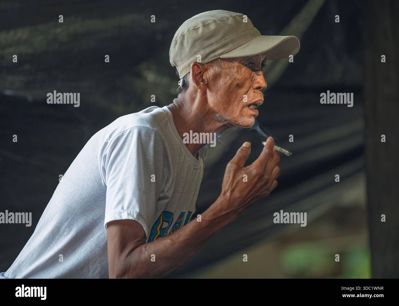 Ein Mann, der eine Zigarette raucht, beobachtet aktiv Hahnenkämpfe Stockfoto