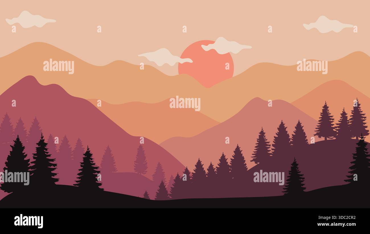 Sonnenuntergang mit Landschaft Berge Braun Orange Farbe mit Silhouette Kiefern. Vektorabbildung Stock Vektor