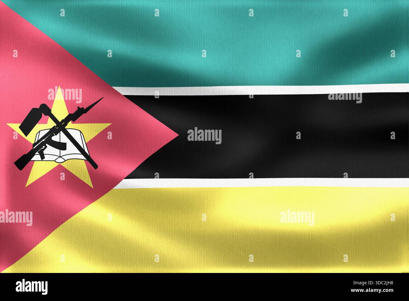 Realistische Vektor-Illustration, die die mosambikanische Flagge zeigt, die anmutig im Wind winkt und nationalen Stolz und Identität zeigt Stockfoto