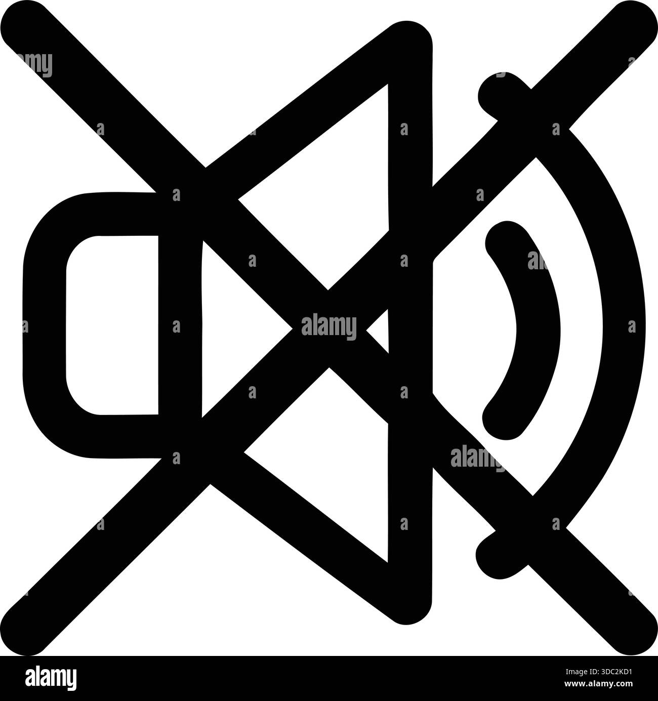 Eine schwarz-weiße Abbildung eines stummgeschalteten Lautsprechers mit einem Abbruchsymbol Stock Vektor