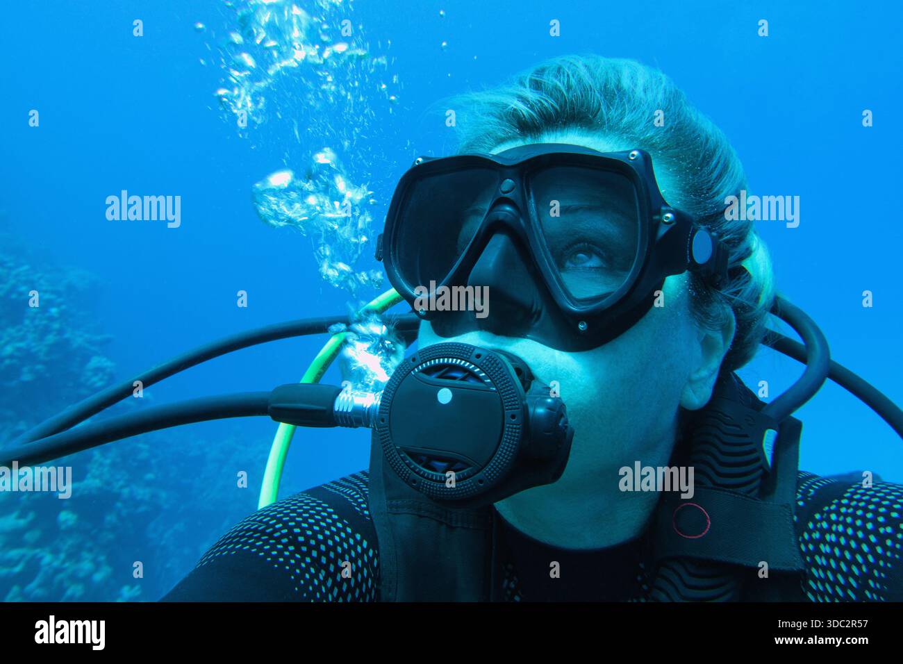 Porträt einer Taucherin unter Wasser Stockfoto