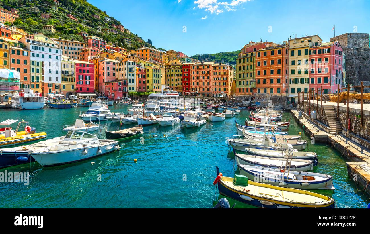 Blick auf farbenfrohe traditionelle Häuser und kleine Boote im malerischen Hafen von Camogli an der Levante Riviera, Provinz Genua, Ligurien, IT Stockfoto