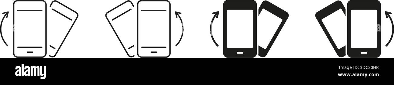 Digitale Geräte-Flip-Bewegungslinie und ausgefüllte Symbolgruppe. Bildschirmdrehung des Smartphones mit Pfeilen, die das Symbol für Benutzerfreundlichkeit, Interaktion und Navigation darstellen Stock Vektor