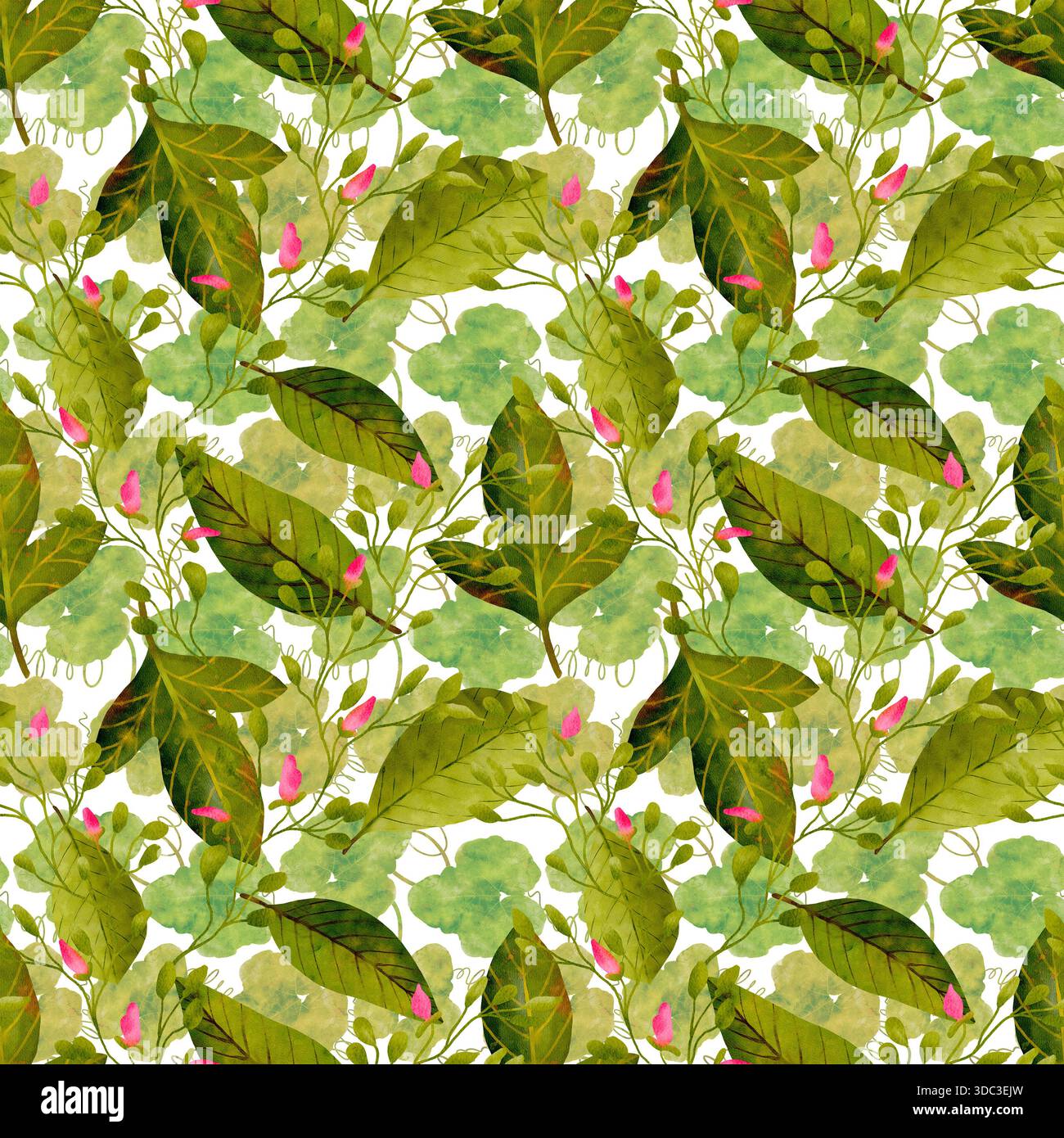Blatt- und BlütenAquarellmuster, üppige mehrschichtige Blätter mit verstreuten rosa Knospen, zarte Adern und durchscheinende Waschungen, handgemalte Pinselstriche, die natürliche Tiefe erzeugen, handgezeichnetes nahtloses Aquarellmuster. Stockfoto