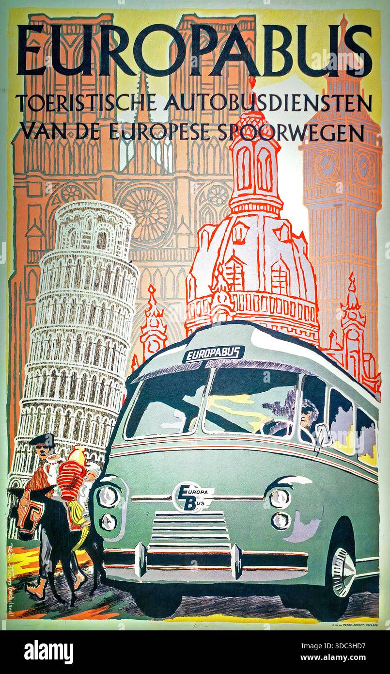 Europabus-Plakat im Vintage-Stil von 1961 für den Fernverkehr mit Bussen der Union des Services Routiers des Chemins de Fer Européens / URF Stockfoto