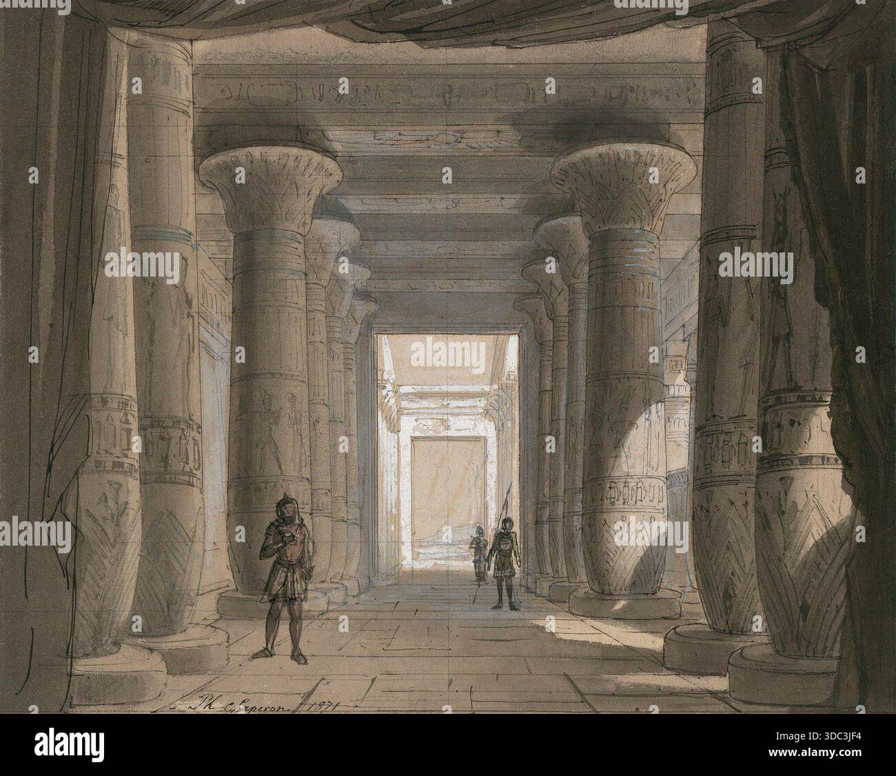 Bühnenentwurf von Philippe Chaperon für Akt I, Tableau 2 von Giuseppe Verdis Oper Aida, in dem der Vulkan-Tempel zur Premiere am Opernhaus Kairo am 24. Dezember 1871 dargestellt wird, ein wichtiges Beispiel für Opernbühne und szenische Gestaltung des 19. Jahrhunderts. Stockfoto