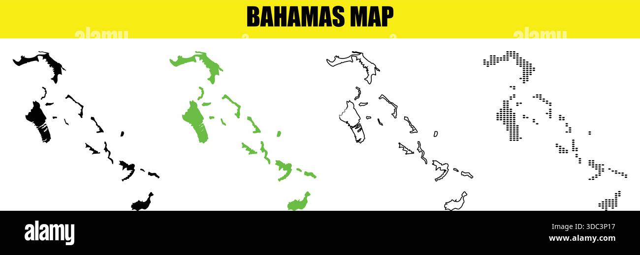 Sammlung von Kartenabbildungen auf den bahamas, einschließlich massiver schwarzer gefüllter Form, grüner gefüllter Umrisszeichnung und gepunkteter Musterdarstellung Stock Vektor