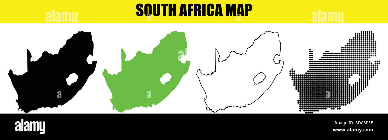 Südafrika-Karte, vier verschiedene Stilabbildungen in Schwarz, Grün, Umriss und Halbton auf weißem Hintergrund Stock Vektor