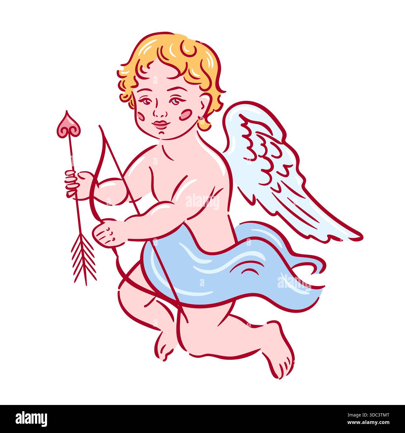 Ein süßer Baby-Cupid, gezeichnet in einem lockeren, skizzenhaften Stil, mit schlichtem Bogen und Pfeil, sanften Schatten und einer verspielten, skurrilen Pose. Stock Vektor
