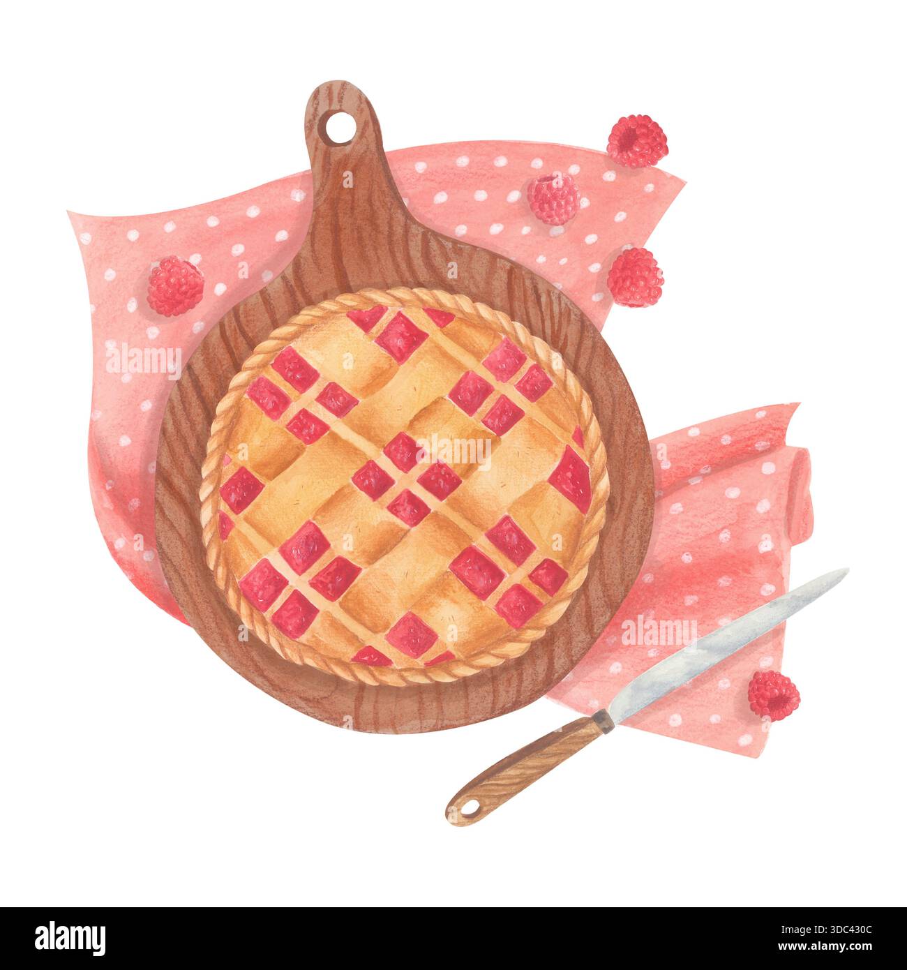 Himbeerkuchen auf Holzbrett mit rosafarbener Serviette mit Punktmuster. Handgezeichnete Aquarellillustration. Stockfoto